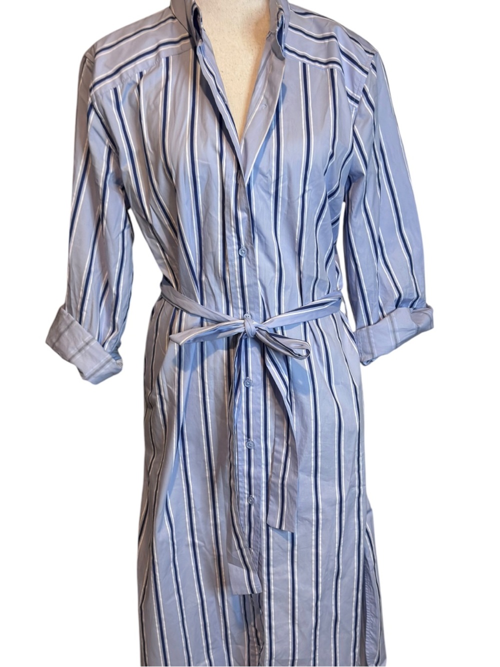 Grey Lab blue striped button front‎ belted midi shirt dress small - Picture 4 of 6